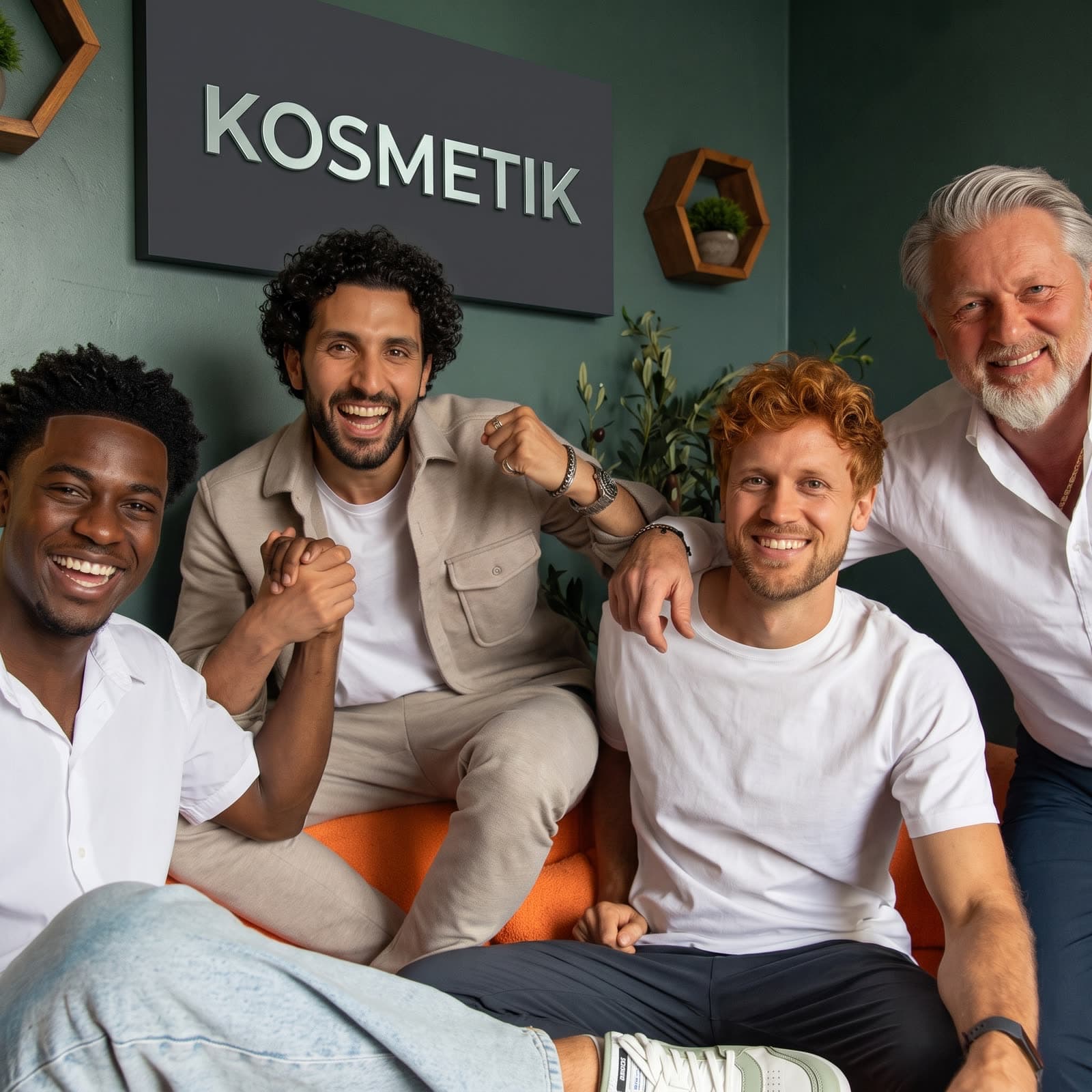 Quatre hommes de vingt à soixante ans, souriants, devant l'enseigne Kosmetik